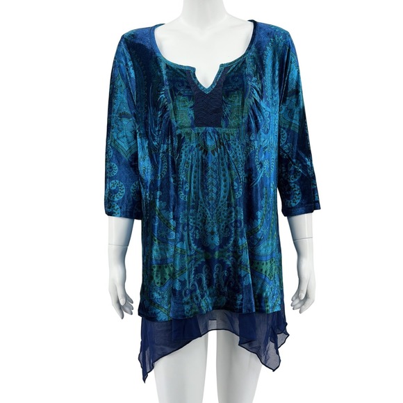 ONE WORLD Tops - One World Top Womens 1X Blue Green Paisley Velour Tunic Boho Hippie Stretch